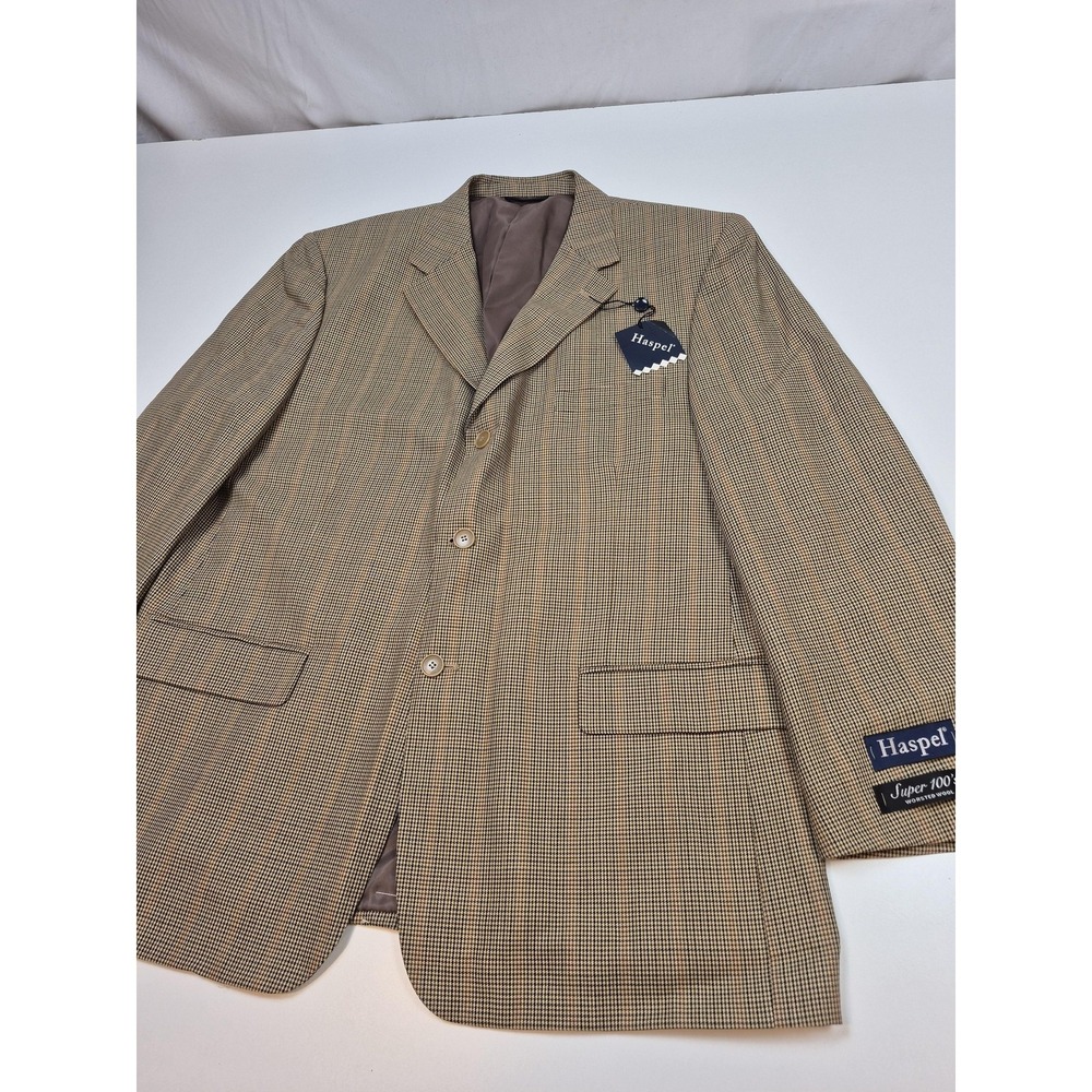 Haspel Blazer Mens 46 Brown Super 100s Worsted Wool Check Tweed Sport Coat NWT